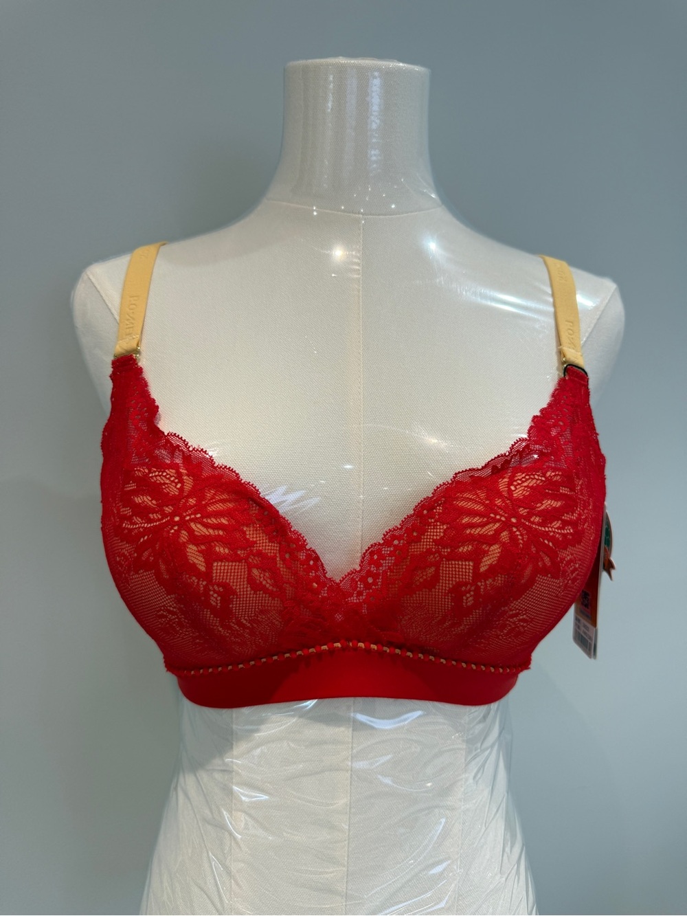 Lace Plunge Red Bra with Contrast Straps